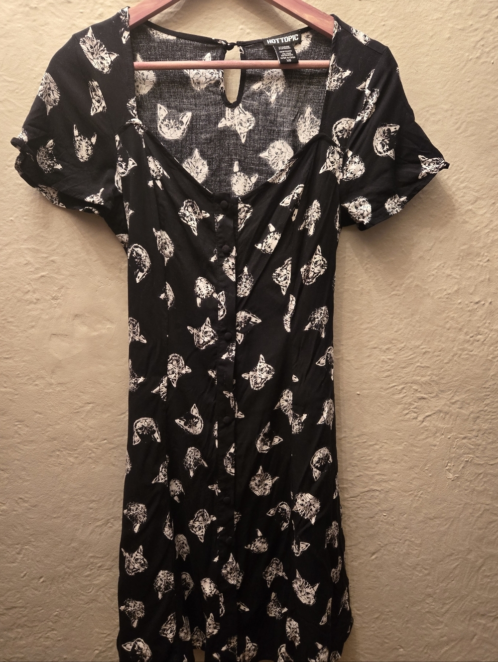 Hot Topic Black Cat Print Dress Button Front Fit & Flare Goth Mini M